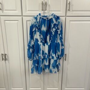 Chic Blue and White Ruffle Long Sleeve Dress Scoop size small 4-6 flowing